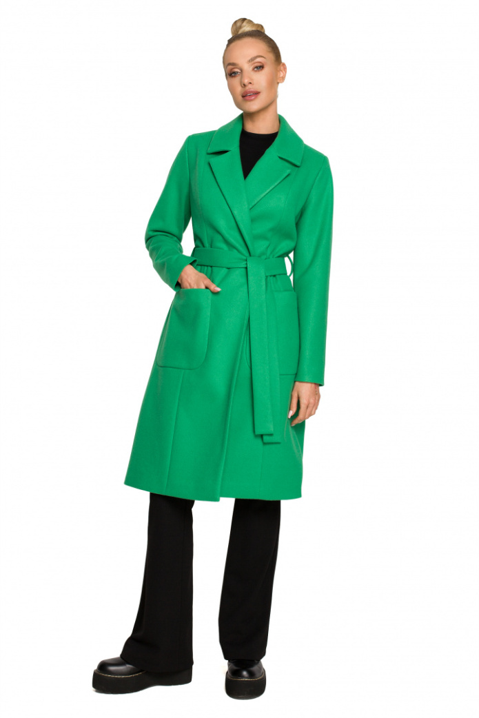 Płaszcz damski flauszowy klasyczny bez zapięcia wiązany zielony